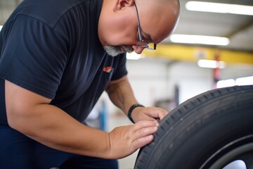 Fototapeta na wymiar technician checking tire tread with gauge
