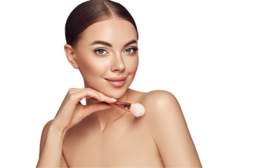 Portrait beautiful young woman with clean fresh skin. Model with cosmetic makeup brush. Cosmetology, beauty and spa