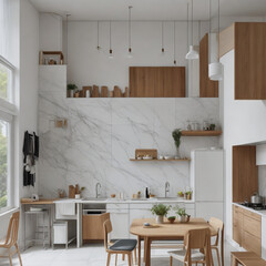 Ai generate a photo of a kitchen space with a kitchen set, marble table, minimalist wooden chairs, high detail, realistic, with a white background, in a bright morning atmosphere.