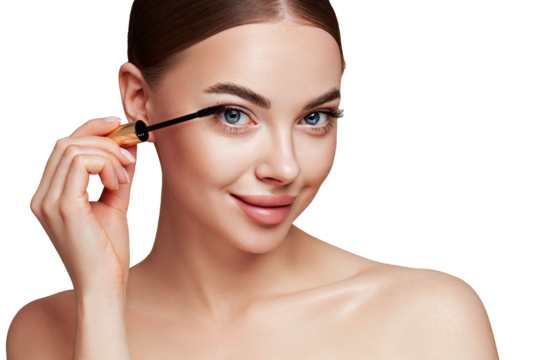 Beauty woman applying black mascara on eyelashes with makeup brush. Eyelash extensions. makeup, cosmetics. beauty, skincare