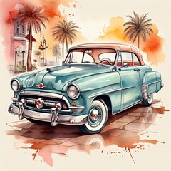 Vintage car on watercolor background. Hand drawn illustration