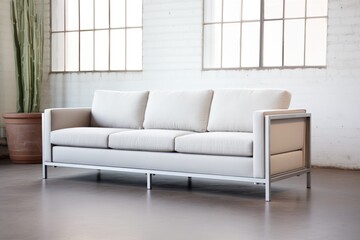 clean-lined modern sofa with a metal frame in a chic loft