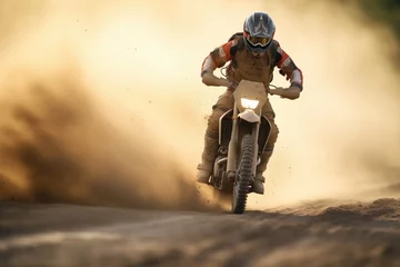 Foto op Plexiglas off-road motorcycle kicking up dust on a dirt trail © Natalia