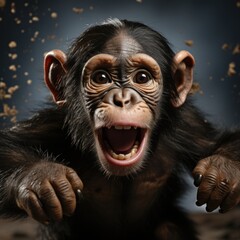 Photo of a playful and acrobatic chimpanzee. Generative AI