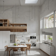 Ai generate a photo of a kitchen space with a kitchen set, marble table, minimalist wooden chairs, high detail, realistic, with a white background, in a bright morning atmosphere.