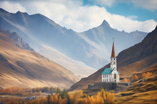 a lone church with a tall spire in a remote mountain village