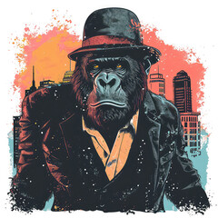T-shirt design of an artistic gorilla in a spy costume on a cityscape background, retro and vintage style