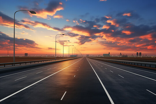 Generative AI Image of Street Highway with Clouds in Dramatic Sky at Sunset
