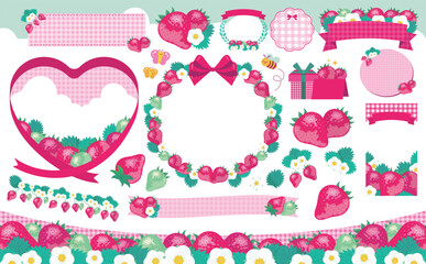 かわいい春のいちごのフレームとイラストの素材セット_葉・花・苺の果実