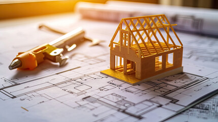 A close up of a model house on top of a blueprint. Suitable for real estate, construction, architecture, and home building concept designs, presentations, and promotional materials.