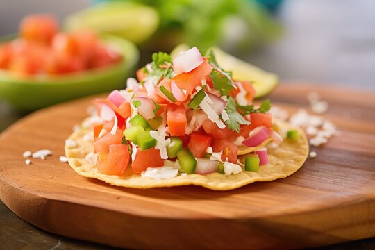 overflowing pico de gallo on a crispy tostada shell