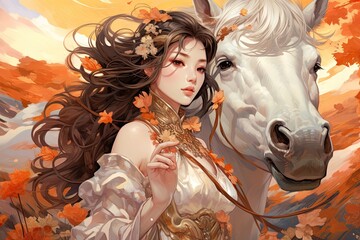 beautiful young woman princess with her horse