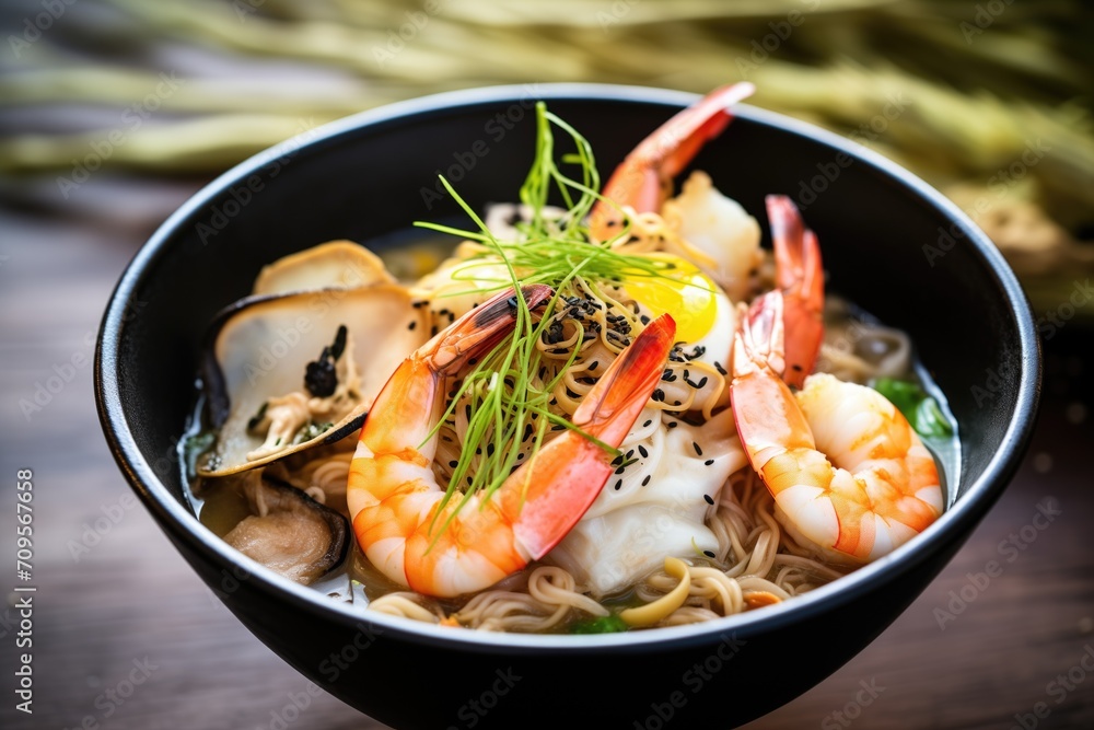 Sticker seafood ramen with shrimp and seaweed, side view