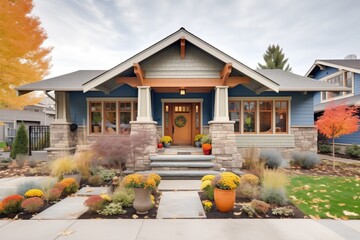craftsman home with stone accents and a well-kept front garden