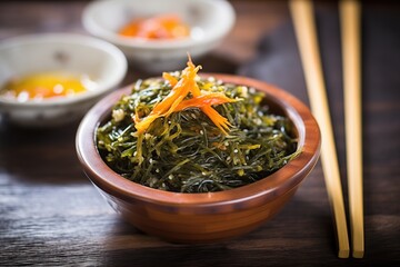Fototapeta na wymiar freshly made seaweed salad in a wooden bowl, chopsticks on side