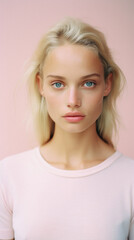 Beautiful young woman with blond hair looking at camera isolated on pink