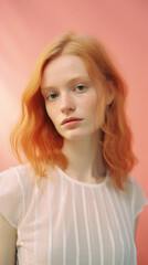 Portrait of a red-haired girl with freckles on her face