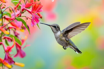 Anmut in der Luft: Ein majestätischer Kolibri zeigt seine lebendige Schönheit im fließenden Flug, ein farbenprächtiges Naturspektakel der leichten Eleganz - obrazy, fototapety, plakaty