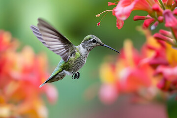 Naklejka premium Anmut in der Luft: Ein majestätischer Kolibri zeigt seine lebendige Schönheit im fließenden Flug, ein farbenprächtiges Naturspektakel der leichten Eleganz