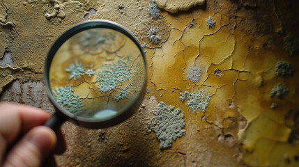  person holding magnifying looking mold on wall background - obrazy, fototapety, plakaty