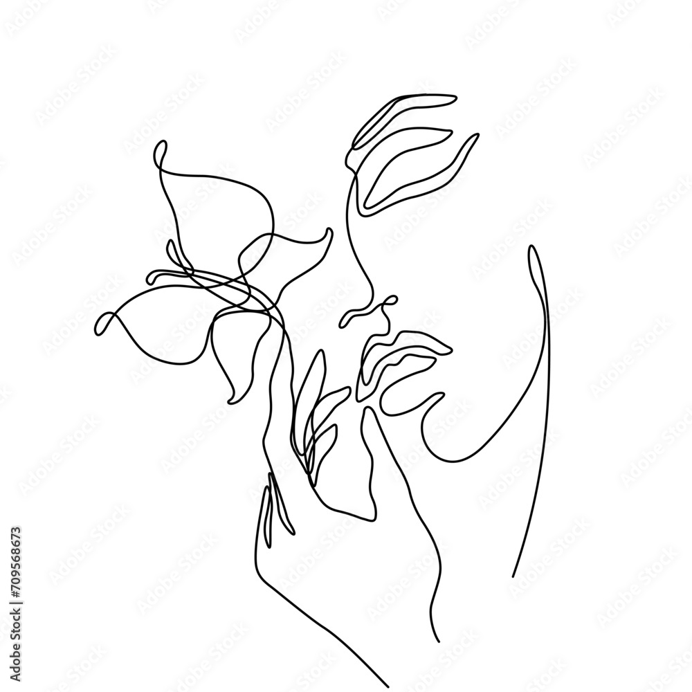 Wall mural Beautiful woman with butterfly abstract female silhouette, continuous line drawing, print for clothes and logo design, small tattoo, emblem or logo design, isolated vector illustration.