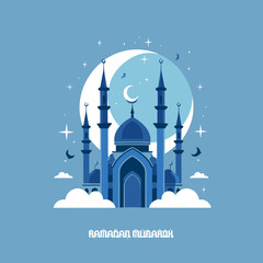 A simple and elegant line art drawing of a mosque with a crescent moon and stars. The mosque has a dome and two minarets, and the lines are delicate and graceful. The image is serene and peaceful, and