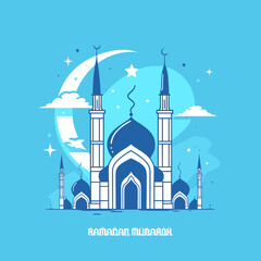 A simple and elegant line art drawing of a mosque with a crescent moon and stars. The mosque has a dome and two minarets, and the lines are delicate and graceful. The image is serene and peaceful, and