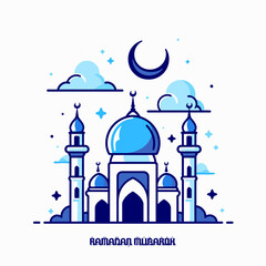 A simple and elegant line art drawing of a mosque with a crescent moon and stars. The mosque has a dome and two minarets, and the lines are delicate and graceful. The image is serene and peaceful, and