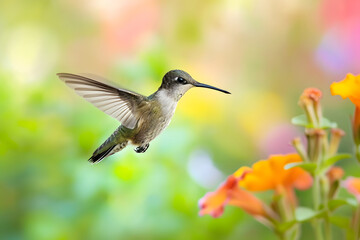 Obraz premium Anmut in der Luft: Ein majestätischer Kolibri zeigt seine lebendige Schönheit im fließenden Flug, ein farbenprächtiges Naturspektakel der leichten Eleganz