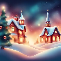 Fototapeta na wymiar Beautiful outdoor Christmas scene illustration of houses with a snowy winter landscape in a village