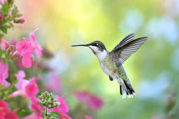 Naklejka premium Anmut in der Luft: Ein majestätischer Kolibri zeigt seine lebendige Schönheit im fließenden Flug, ein farbenprächtiges Naturspektakel der leichten Eleganz