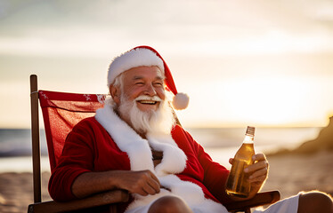 Christmas Santa Claus resting on sun at lounger chair at ocean tropical beach - obrazy, fototapety, plakaty