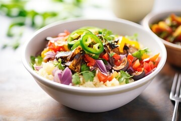 veggie burrito bowl with jalapenos and red onion