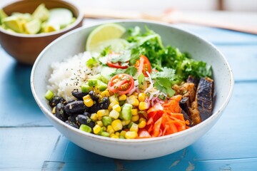 veggie burrito bowl with black beans and corn