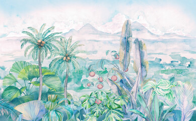 Landscape with tropical plants and mountains. Hand drawn watercolor illustration with tropical view