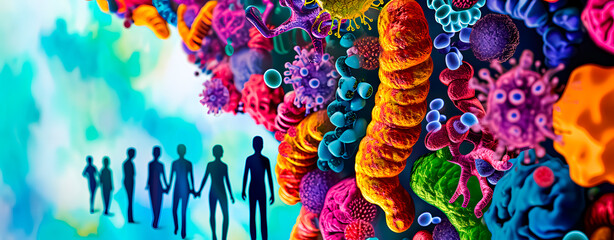 Representation of the human microbiota, the microorganisms we have in our body. - obrazy, fototapety, plakaty
