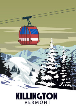 Travel resort Killington Ski poster vintage. Vermont USA winter landscape travel card