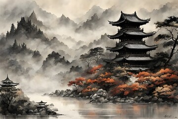 Chinese traditional ink painting of castle ai generation