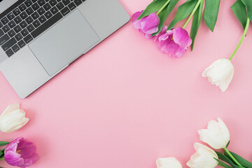 Laptop and tulips flowers on pink. Flat lay. Top view. Female distant work concept.