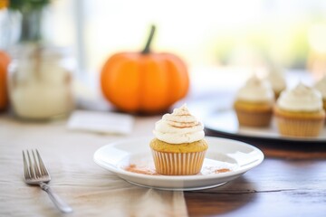 Obraz na płótnie Canvas pumpkin spice muffins with cream cheese frosting