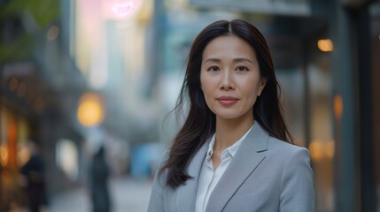 Portrait of middle age Asian businesswoman wearing gray suit standing in city street.