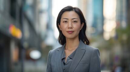 Fototapeta premium Portrait of middle age Asian businesswoman wearing gray suit standing in city street.