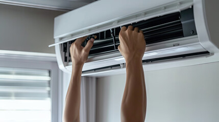 close up man repair air conditioning at home air conditioning unit,