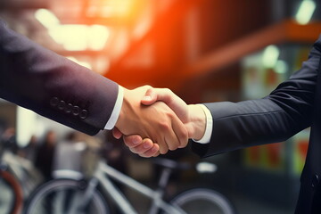 closeup man handshake on bicycle shop background, Generative AI