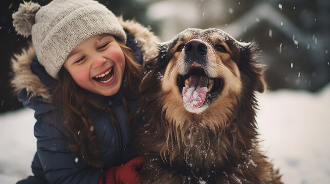 Laughing Young Girl with long brown hair with a wooly hat playing with her happy brown big dog in the snow with a blurry background