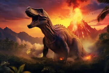 The extinction of the dinosaurs, due to the eruption of Mount Merapi and the release of hot lava - obrazy, fototapety, plakaty
