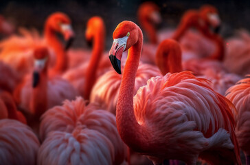 a group of flamingos standing in a field of grass and looking around together with their heads turned to the side, generative ai