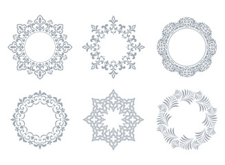 Set of decorative frames Elegant vector element for design in Eastern style, place for text. Floral gray and white borders. Lace illustration for invitations and greeting cards