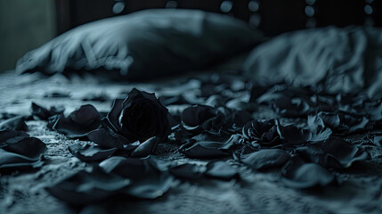 black rose petals on a bed with bedspreads in home, valentines day - obrazy, fototapety, plakaty