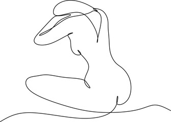 Vector illustration of a female body. The woman sits with her back turned.  Continuous drawing of lines.